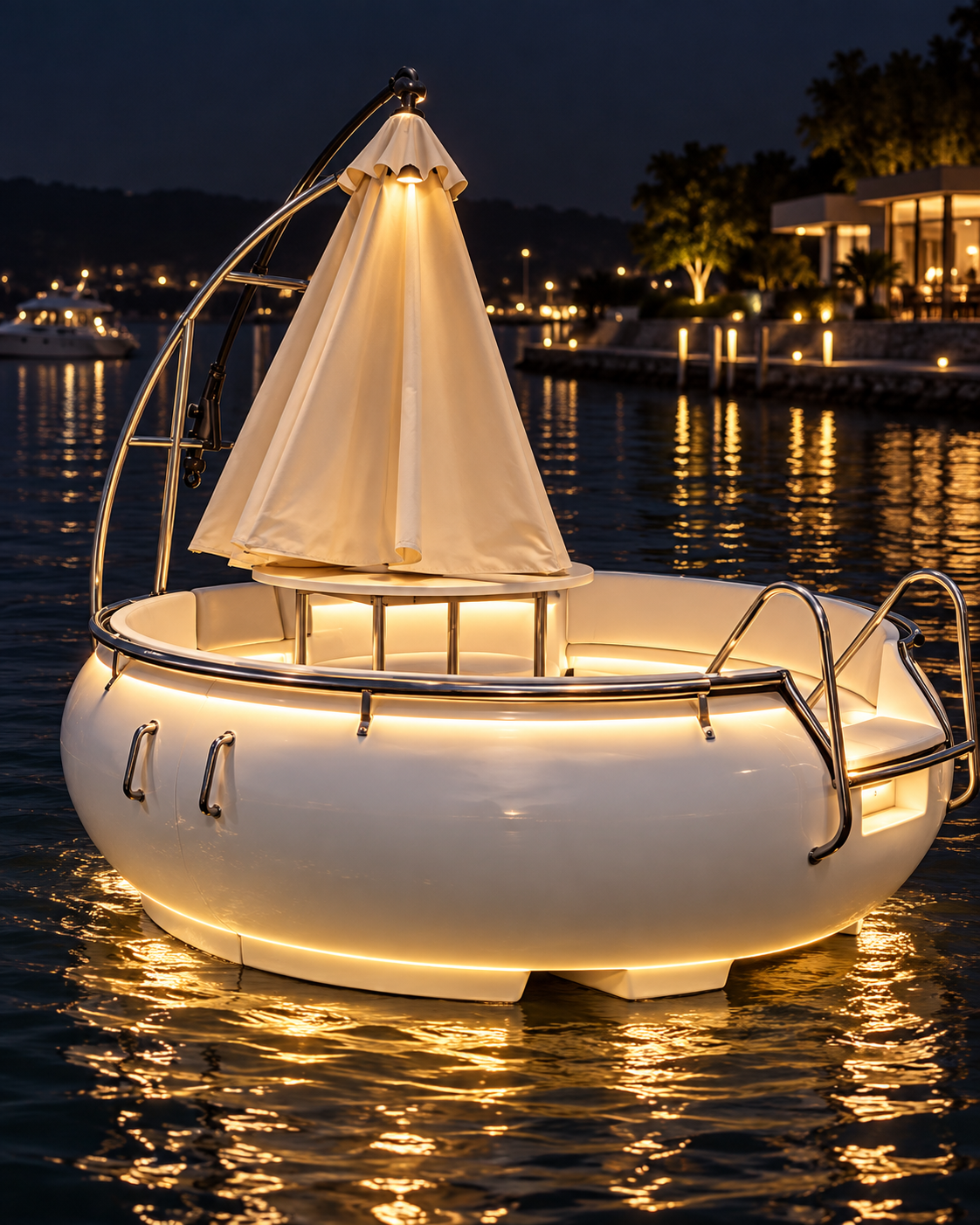 Joy Ride concept of an illuminated white donut boat on the water
